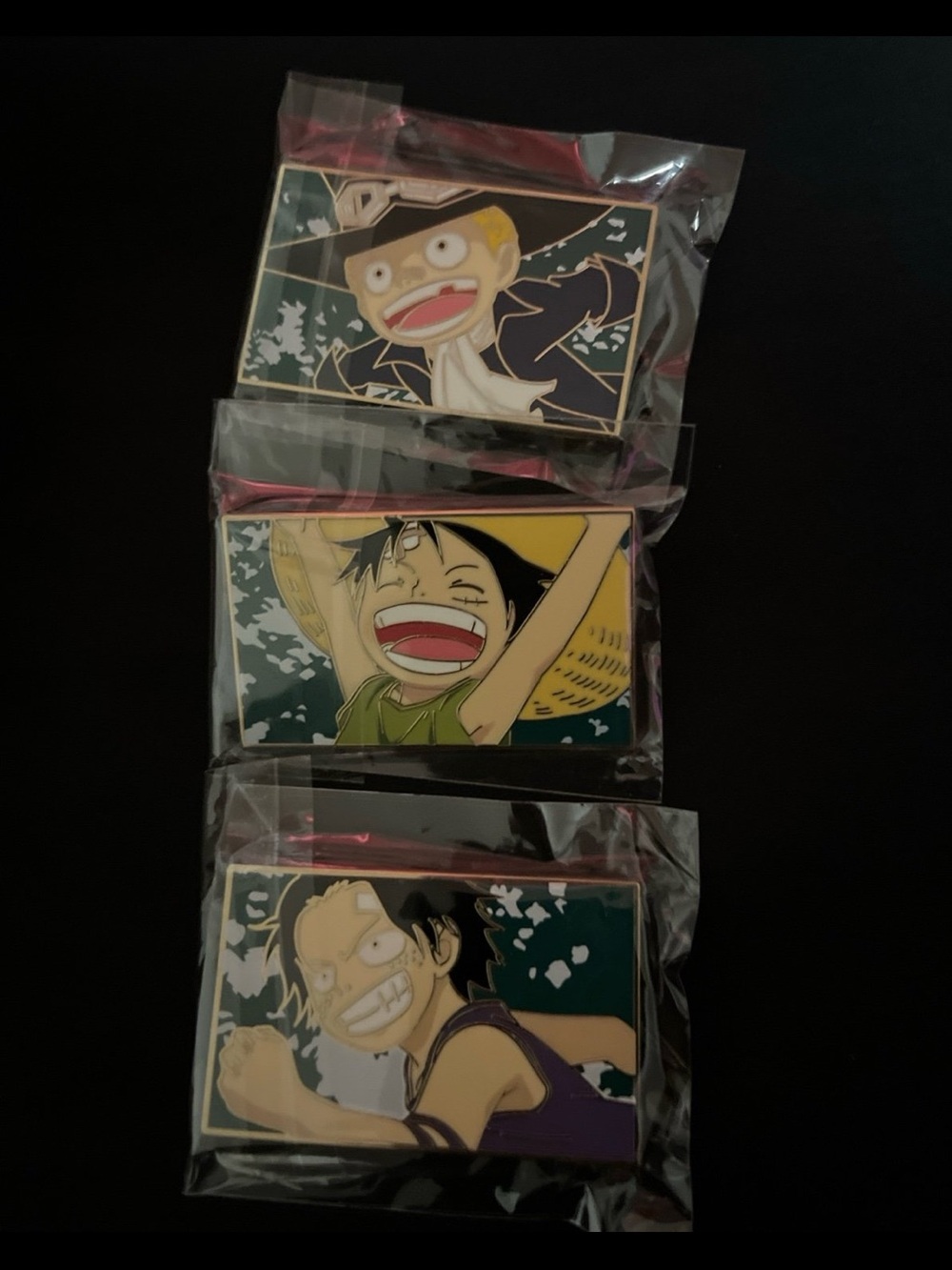 One Piece Enamel Pin Set - Luffy Ace and Sabo ASL Crew Pins - Green/Yellow/Black